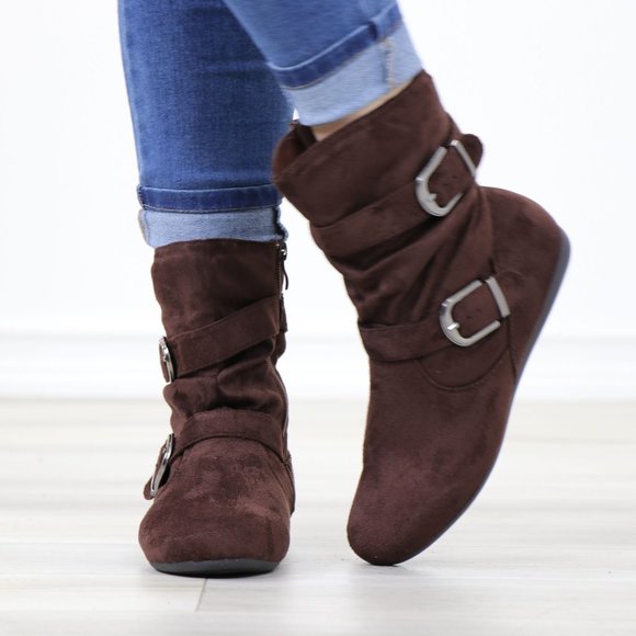 Brown No Heel Flat Boots Round Toe Above Ankle Booties Faux Suede - Picture 10 of 14